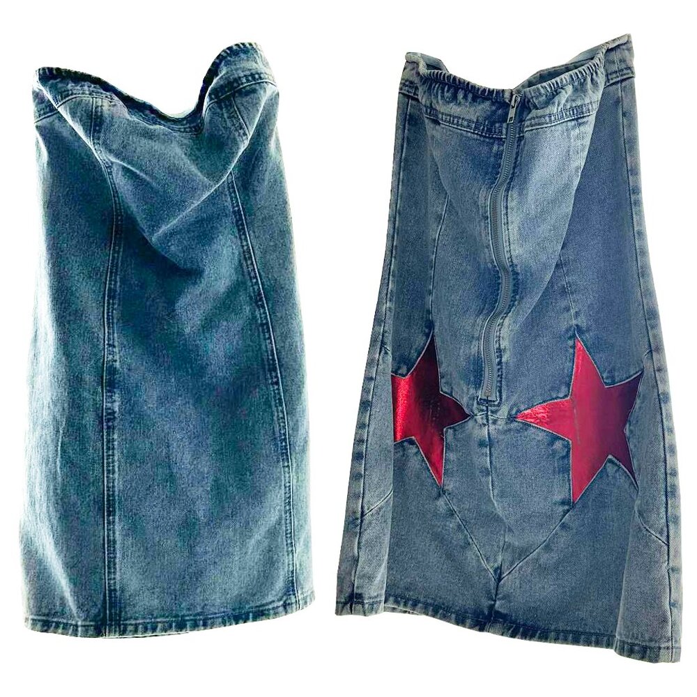 NWT NASTY GAL Strapless Denim Bodycon Dress w. Red Stars | Size 10